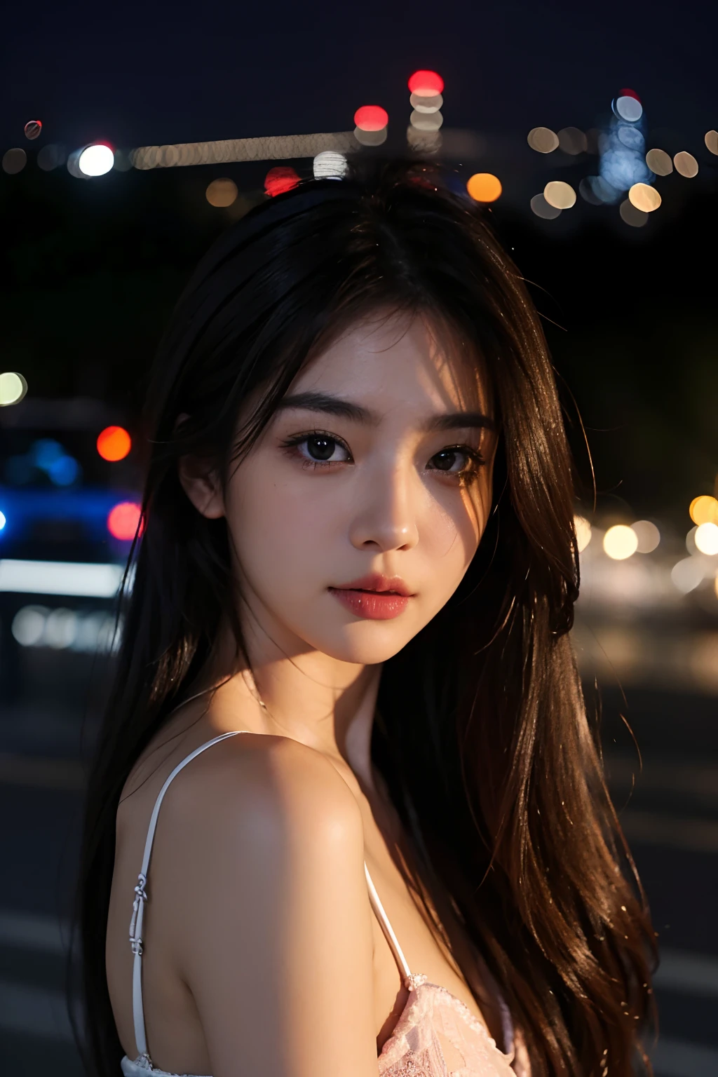 1girl、Beautuful Women、natta、A city scape、city light、neons、The upper part of the body、a closeup、8k、RAW Photography、top-quality、​masterpiece、realisitic、Photorealsitic、