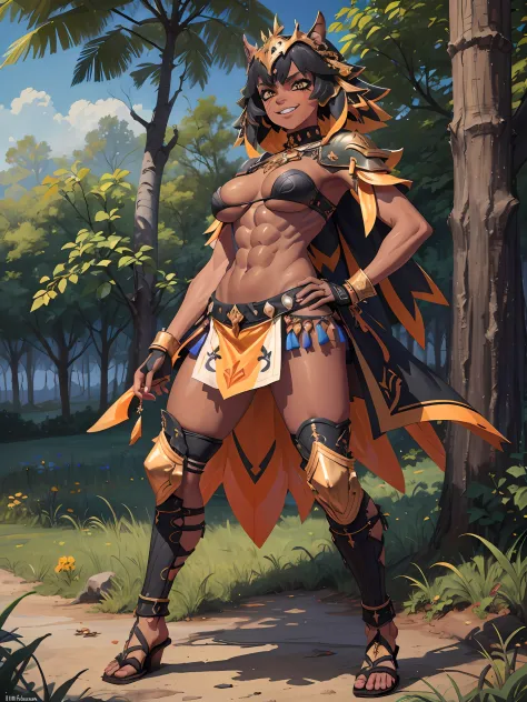 (Masterpiece, best quality:1.2), (highres, ultra-detailed), (absurdres, perfect anatomy), 1girl, solo, , anihh, slit pupils, dark-skinned female, black hair, orange colored inner hair, scar, fangs,  hands on hips, outdoors,   fingerless gloves, muscular, (...