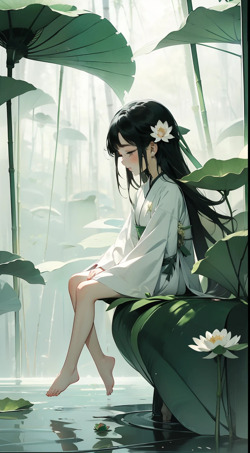 满满一荚莲花, 幸福地坐在莲蓬的荷叶上, 巨大的荷叶, 赤脚, 身着白色和绿色的汉服, 光与影, 杰作