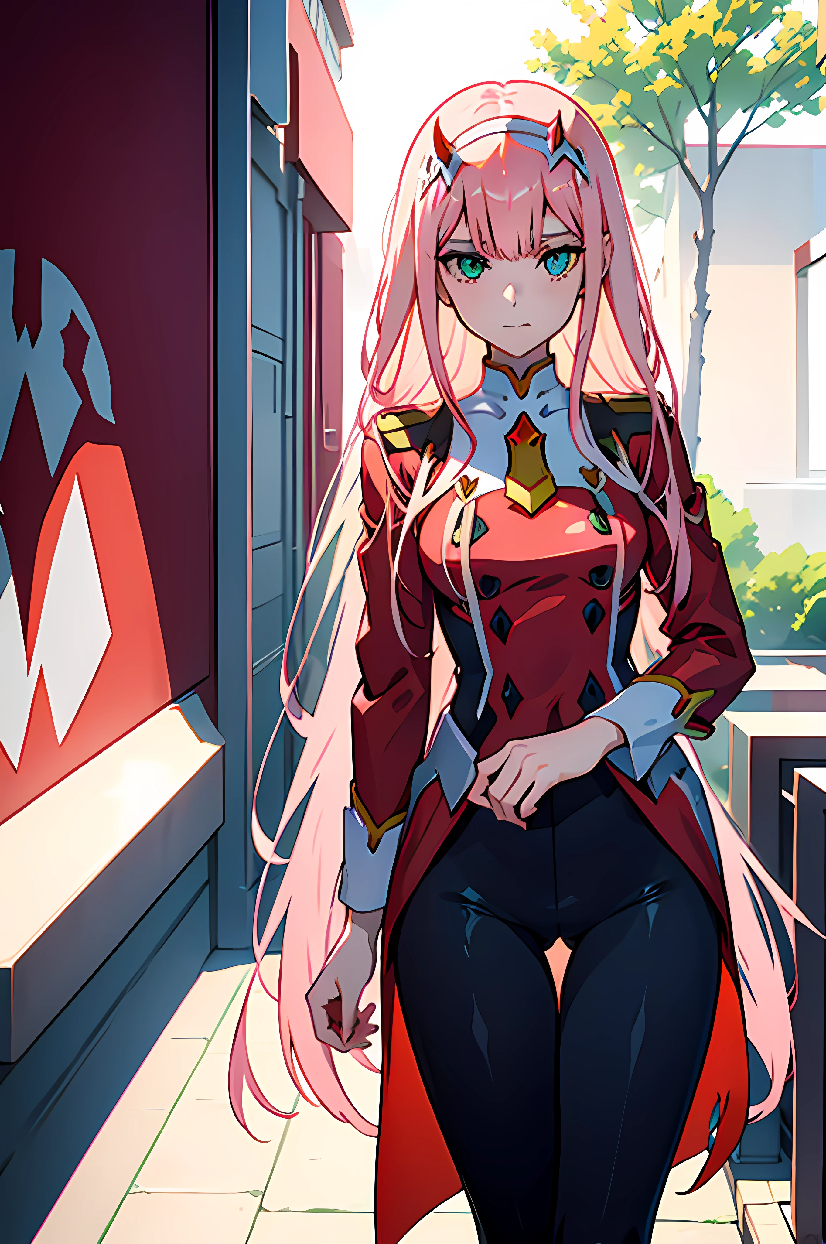 Anime girl with long pink hair and a red cape standing in a courtyard -  SeaArt AI