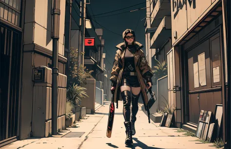 araffe woman in a brown jacket and black boots holding a baseball bat, wearing cyberpunk streetwear, full body with costume, hig...