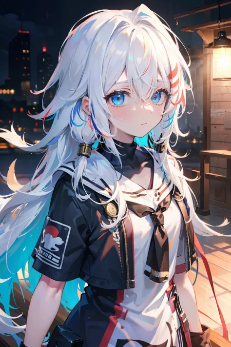 streaked hair, colored inner hair, white hair, long hair, hairpods, bandage over one eye, covered eyes, expressionless, cinematic lighting, character chart, tachi-e, UHD, retina, masterpiece, ccurate, super detail, high quality, high details, award winning...
