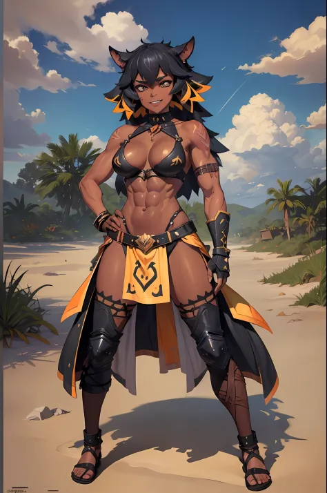 (Masterpiece, best quality:1.2), (highres, ultra-detailed), (absurdres, perfect anatomy), 1girl, solo, , anihh, slit pupils, dark-skinned female, black hair, orange colored inner hair, scar, fangs, hands on hips, outdoors, fingerless gloves, muscular, (cov...