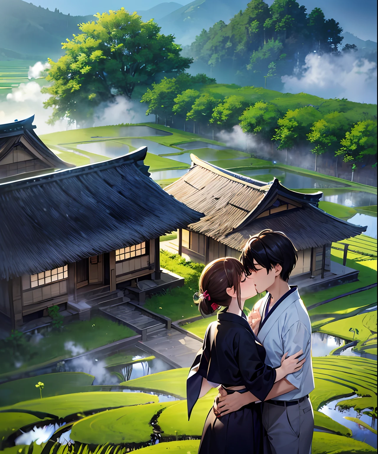 Anime couple kissing in front of a japanese village - SeaArt AI