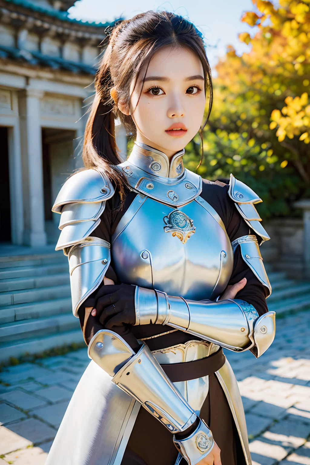 (8K、Top image quality:1.2)、(​masterpiece:1.37)、(a picture、Photorealsitic:1.37)、(超A high resolution)、A half body、Walking Pose、Shooting from front、slow motion、Female Paladin Wearing Full Body、(Light Silver Armor:1.2)、(Ornately decorated armor)、(Insanely detailed、Bloom:1.5)、(top-quality、Alessandro Casa Grande、Gregglettkowski、Sallyman、concept-art、4k)、(analogue:1.2)、(High- sharpness)、(Detailed pupils:1.1)、detailed faces and eyes、 ​masterpiece、top-quality、(extremely detailed photo:1.1)、(long Brond Hair、poneyTail、trance:1.1)、(infp young woman:1.1)、sharp、(perfect bodies:1.1)、realisitic、realistic shadow、3d、(a temple background:1.2)、Arms crossed over the chest
photographing:Canon EOS R6、135mm、1/1250 seconds、F2.8、ISO 400、Hairstyle similar to Shih Tzu dog