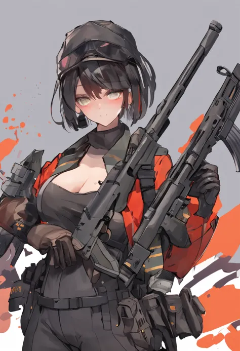 Close-up of a man holding a gun and wearing a uniform, Female protagonist 👀 :8, Fine details. Girl Front, ( ( concept art of character ) ), hints of yayoi kasuma, Female protagonist, girls frontline style, from girls frontline, Girls Frontline CG, Style ga...