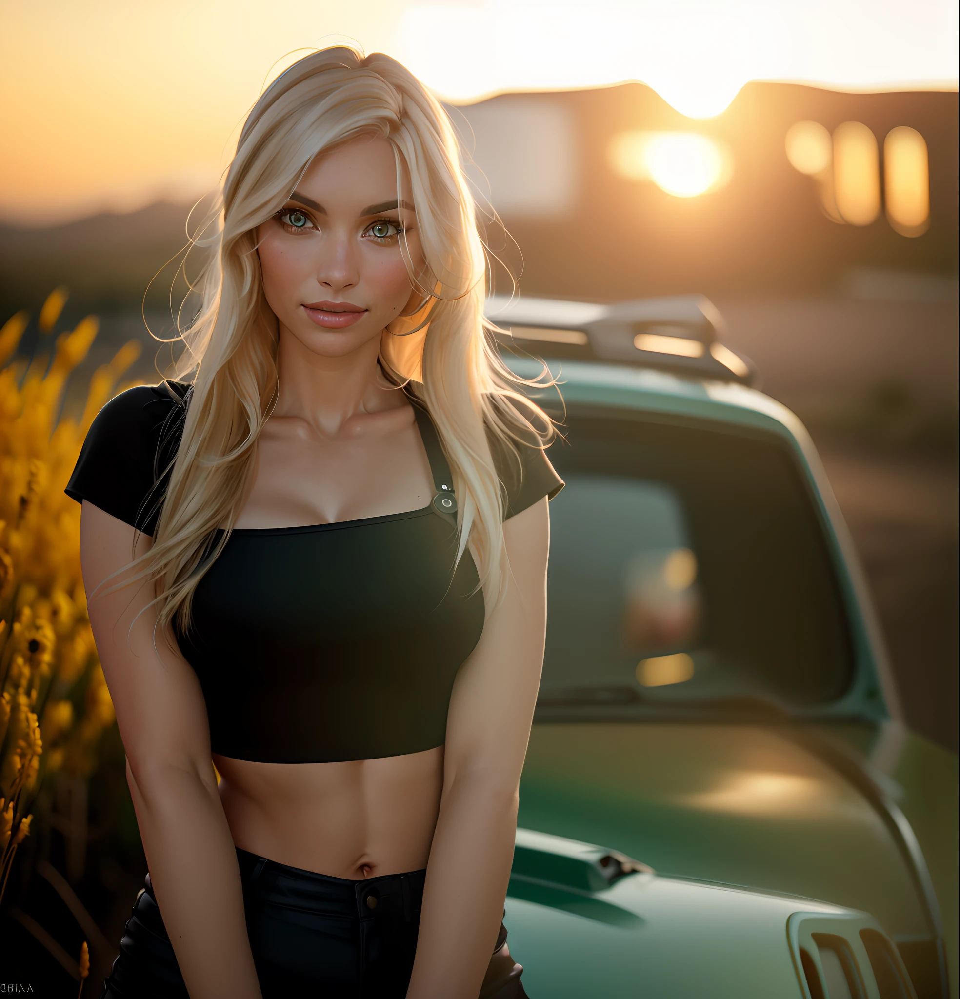 Arafed's beautiful wife standing in front of a jeep in a field, cute and smiling, Anna Nikonova aka Newmilky, beautiful blonde girl, Jeep no fundo,  appealing, in the sunset, foto perfil, instagram model, in the sunset, foto perfil 1024px, Aleksandra Waliszewska, mia kischner, Sidnei Sweeney, fotrrealisitic, fot, Masterpiece artwork, realisitic, 真实感, rendering, hight contrast, digitl art, fotográficorealisitic, trend in Artstation 8k HD, high definiton, circunstanciado, Realistic, detailed, texture skin, hiperdetailed, Textura realisitic da pele, best qualityer, ultra high-resolution, (fotrrealisitic: 1.4), high resolution, detailed, fot crua, sharp resolution, Nikon D850 movies, fot de stock 4, Kodak Portra 400 Camera F1 Lens.6, textura hiper realisitic, lighting dramatic, Unrealistic trend in Artstation Cinestill 800, .RAW. Directed by: Lee Jeffries.