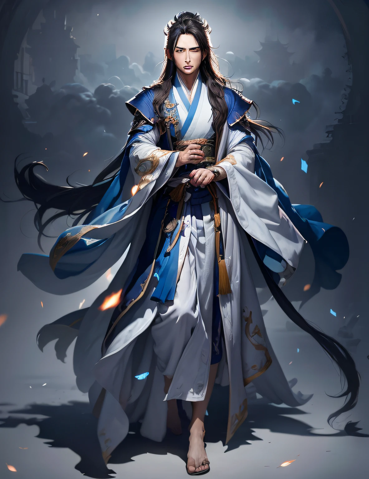 image of a man dressed in a blue and white robe, heise jinyao, full body xianxia, full body wuxia, flowing hair and long robes, picture of a male cleric, wearing flowing robes, inspired by Cao Zhibai, zhao yun, cotton cloud mage robes, inspired by Wu Daozi,hanfu,Blue magic between the palms,heise jinyao, full body xianxia, picture of a male cleric, flowing hair and long robes, zhao yun, skinny male fantasy alchemist, full body wuxia, inspired by Cao Zhibai, wearing flowing robes, cotton cloud mage robes, skinny male mage,best shadow, sharp focus, masterpiece, (very detailed CG unified 8k wallpaper),realistic,(hanfu),(((Character face))),