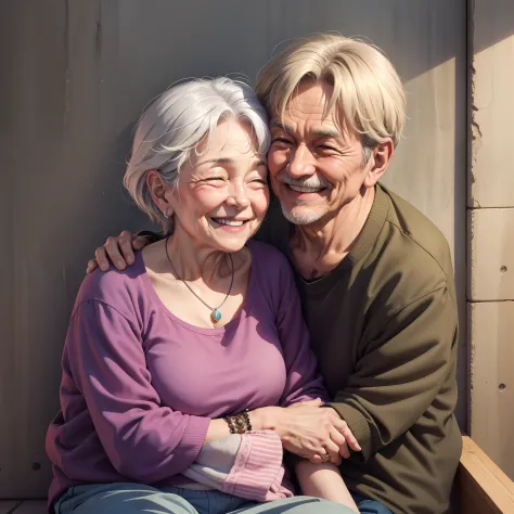 60 year old man and 60 year old woman hugging each other、Eternal love、Love story、Smile、A smile、Happiness、trouser、