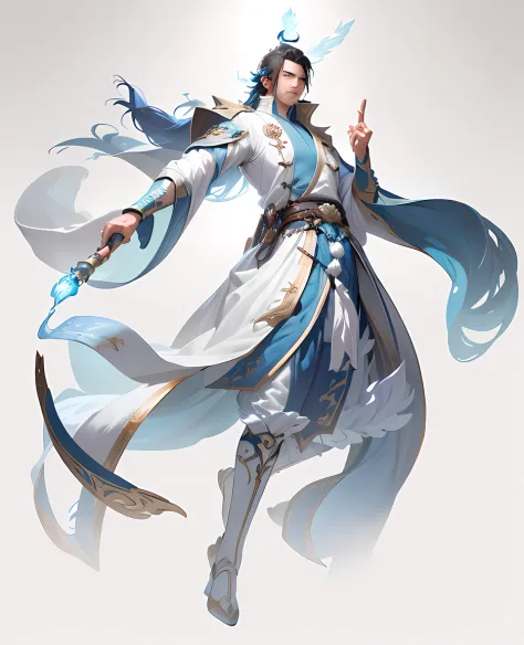 1 Man in blue and white robes, Blue magic between palms,heise jinyao, full-body xianxia, picture of a male cleric, flowing hair ...