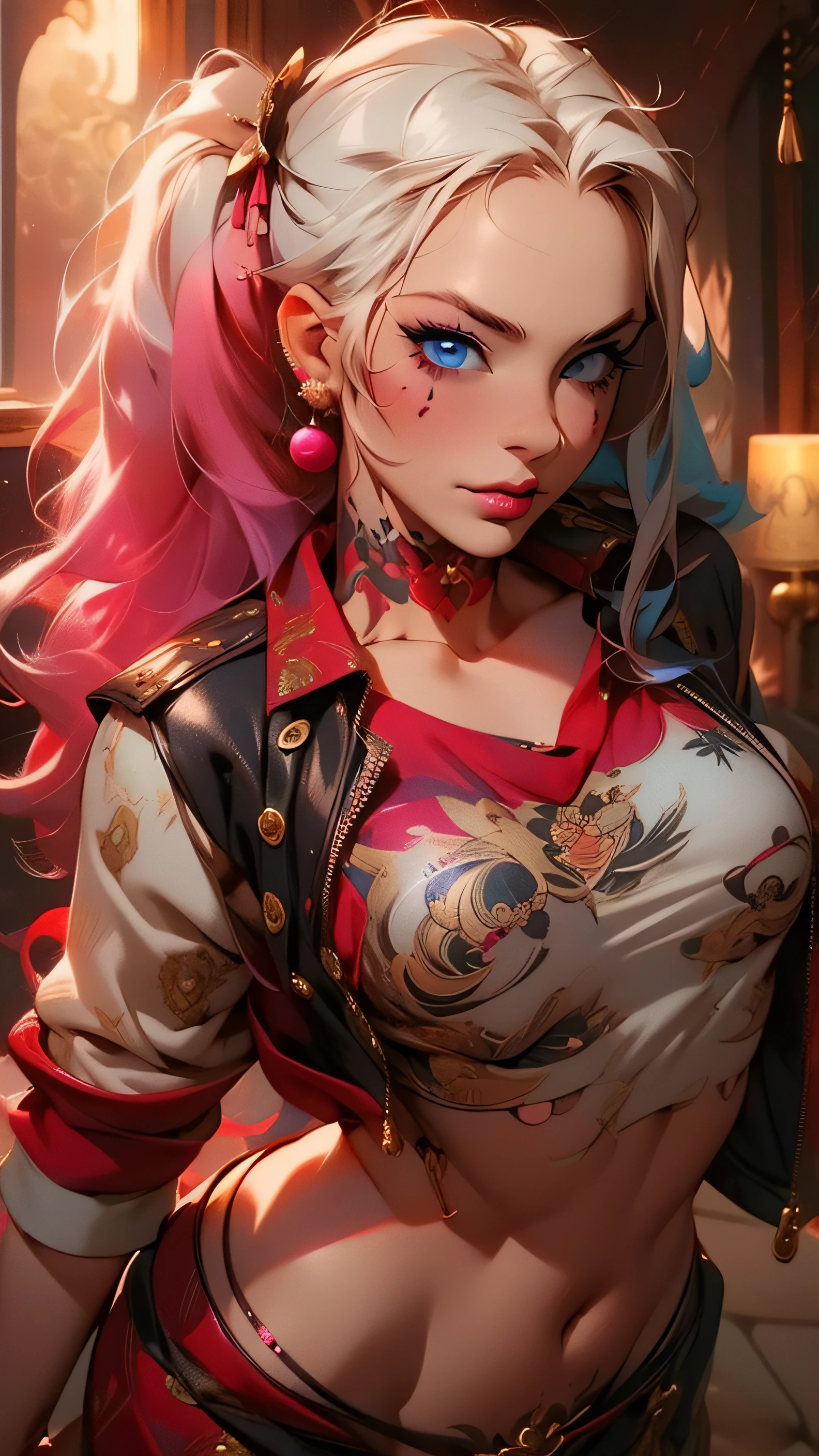 （masterpiece best quality：1.4），Clown Girl， （Tattooed with：1.5）， solo， hair flower， long whitr hair， eBlue eyes， looking at viewert， mediuml breasts， Tattooed with， brunette color hair， nipple tassels， exposed bare shoulders， By bangs， 耳Nipple Ring， inside in room， nape， cropped shoulders， jewely， eyeslashes， cparted lips， contours， hair-bun， nipple piercing， single hair bun，