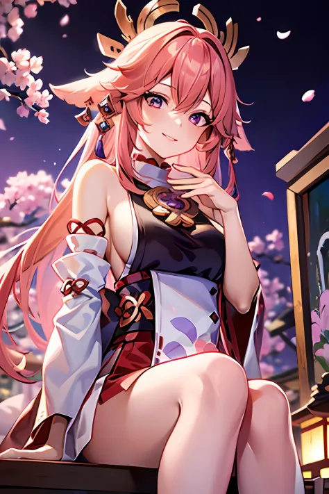 1girl, (ulzzang-6500:0.7), kpop idol, yae miko, detached sleeves, bare shoulders, pink hair, long hair, japanese clothes, best quality, (painting:1.5), (hair ornament:1.35), jewelry, purple eyes, earrings, breasts, torii,  cherry blossoms,  lantern light, depth of field, detailed face, face focus, ribbon_trim, (looking at viewer:1.25), nontraditional miko, shiny skin, long sleeves, smile, thick lips, game cg, hands on lips, east asian architecture, (blurry background:1.2), sitting, upper body,