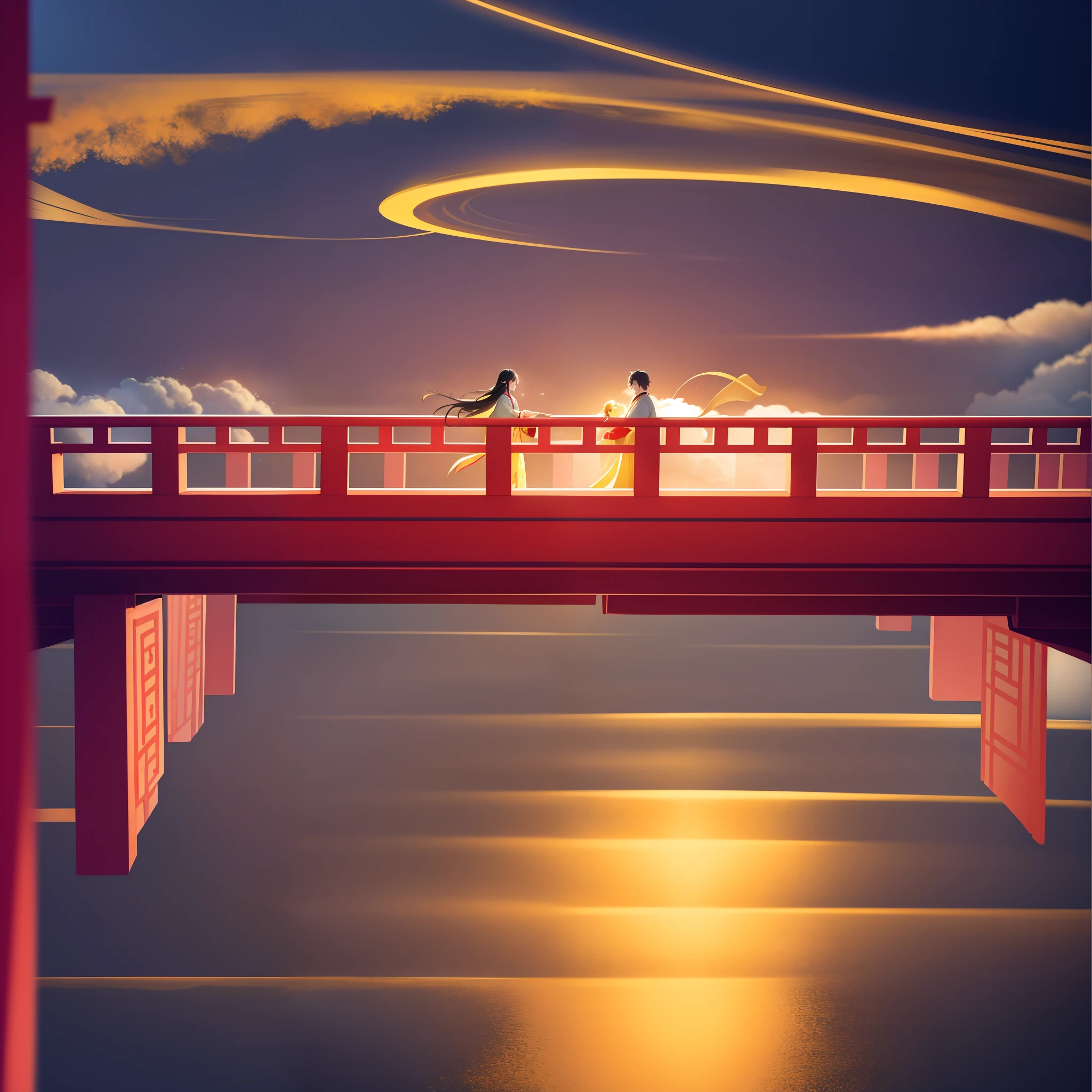 以紅色和黃色為主題，一座木拱橋漂浮在空中，一個男人和一個女人在橋上相遇，穿著中國古代漢服，橋周圍都是祥雲，大金月，4k，中國畫風格，電影燈光，正視圖，強烈的對比，祥雲把橋遮得一點點