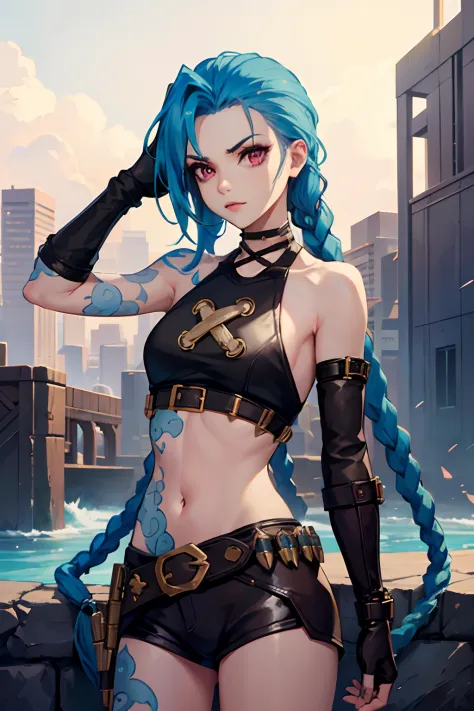 JinxLol,mature female,1girl, solo,looking at viewer, navel, gloves, fingerless gloves, character name, midriff, bare shoulders, ...