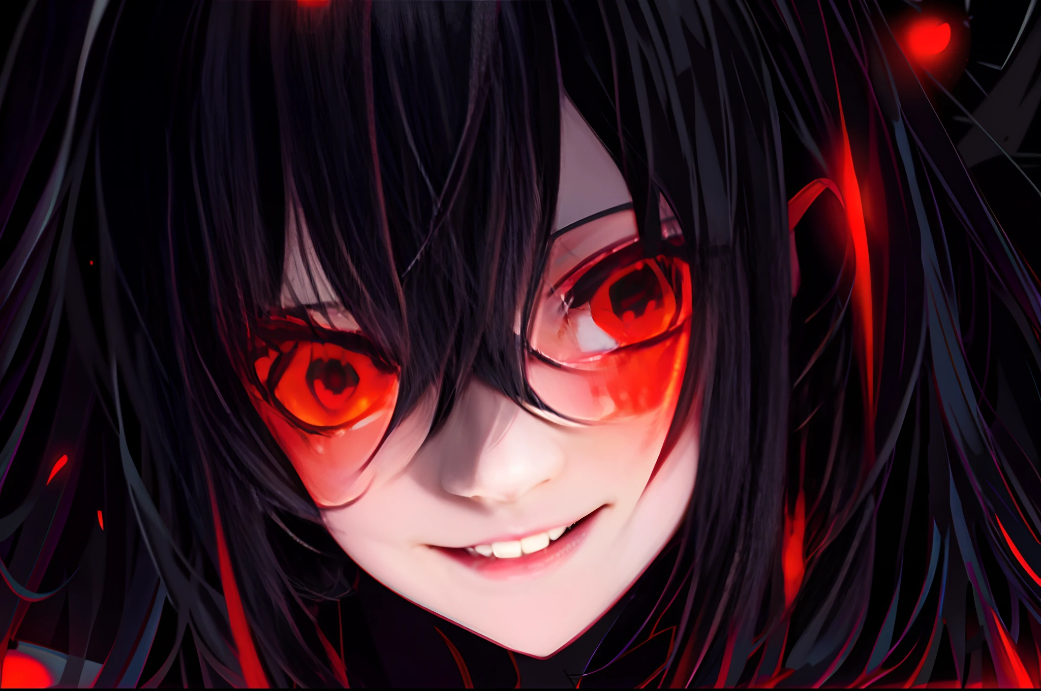 Anime girl with black hair and red eyes in a dark room, portrait gapmoe yandere grimdark, gapmoe Yandere grimdark, gapmoe Yandere, Yandere, yandere intricate, with red glowing eyes, with glowing red eyes, [[[[grinning evily]]]], evil smile and glowing eyes, uncanny smile, Glowing red eyes