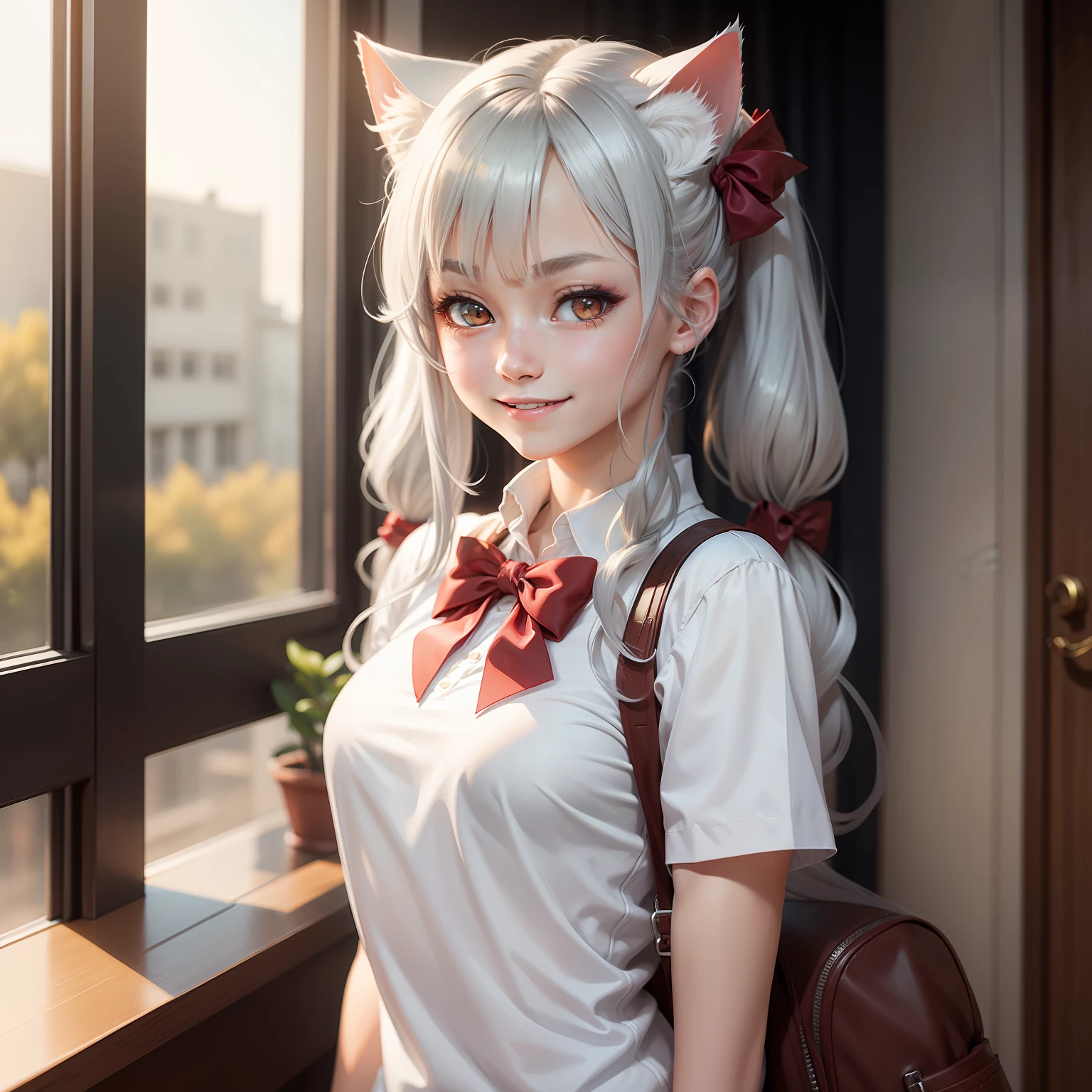 silver hair, long hair, twintails, hair bow, smile, White cat ears, red color eyes, female high-school student, anime, super detail, HD