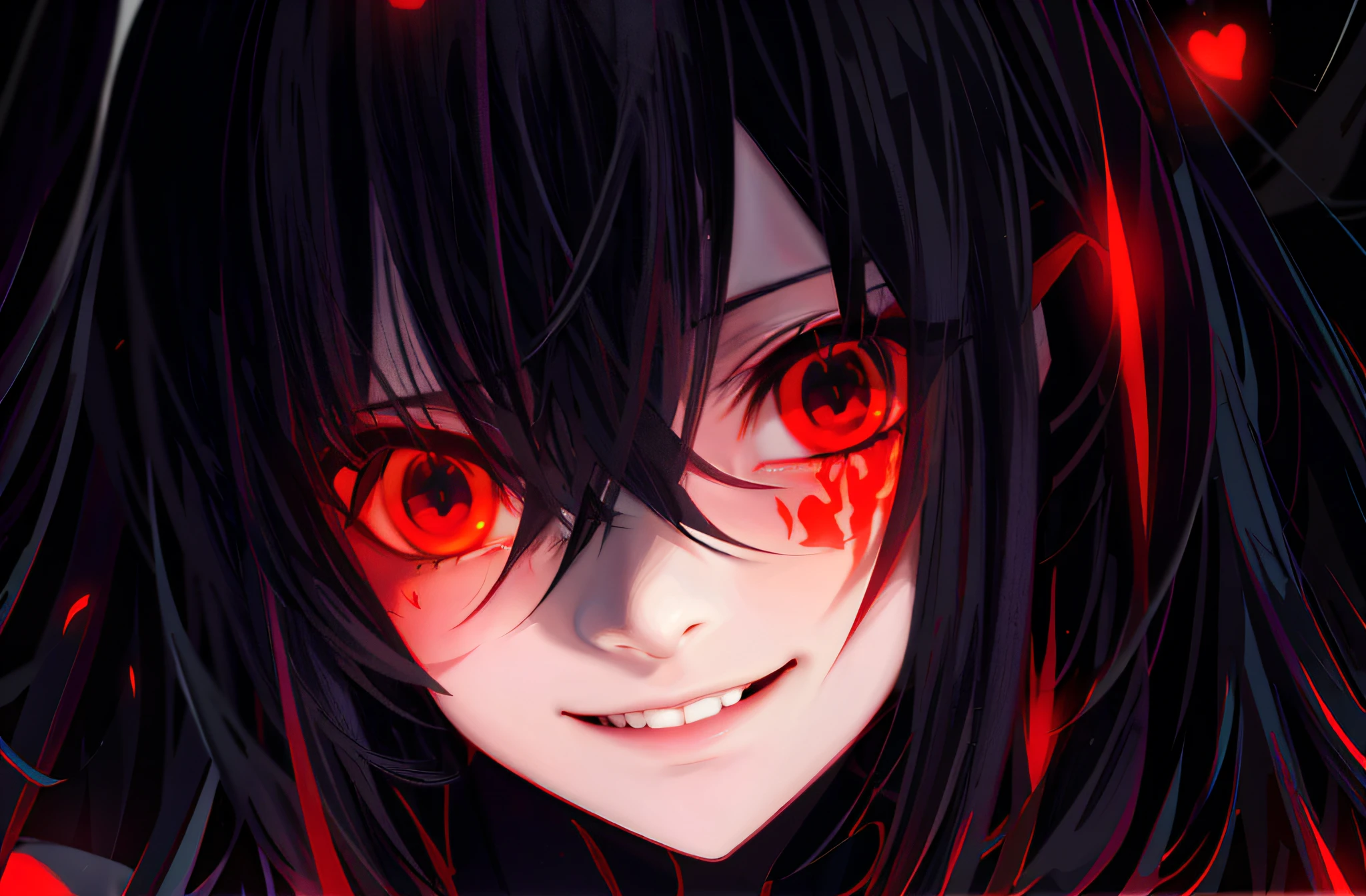 فتاة انمي ذات شعر أسود و عيون حمراء في غرفة مظلمة, portrait yandere grimdark, yandere grimdark, yandere, yandere, yandere معقدة, بعيون سوداء, لديه عيون سوداء, [[[[ابتسامة شريرة]]]], ابتسامة شريرة وعينان مرتبكة, ابتسامة غريبة, عيون سوداء