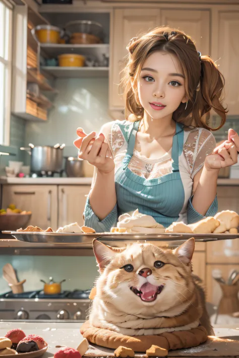 woman, Age 20, A MILF, Bake cookies in a sunny kitchen, Surrounded by flour, Stir the bowl, Naughty pets want to be treated