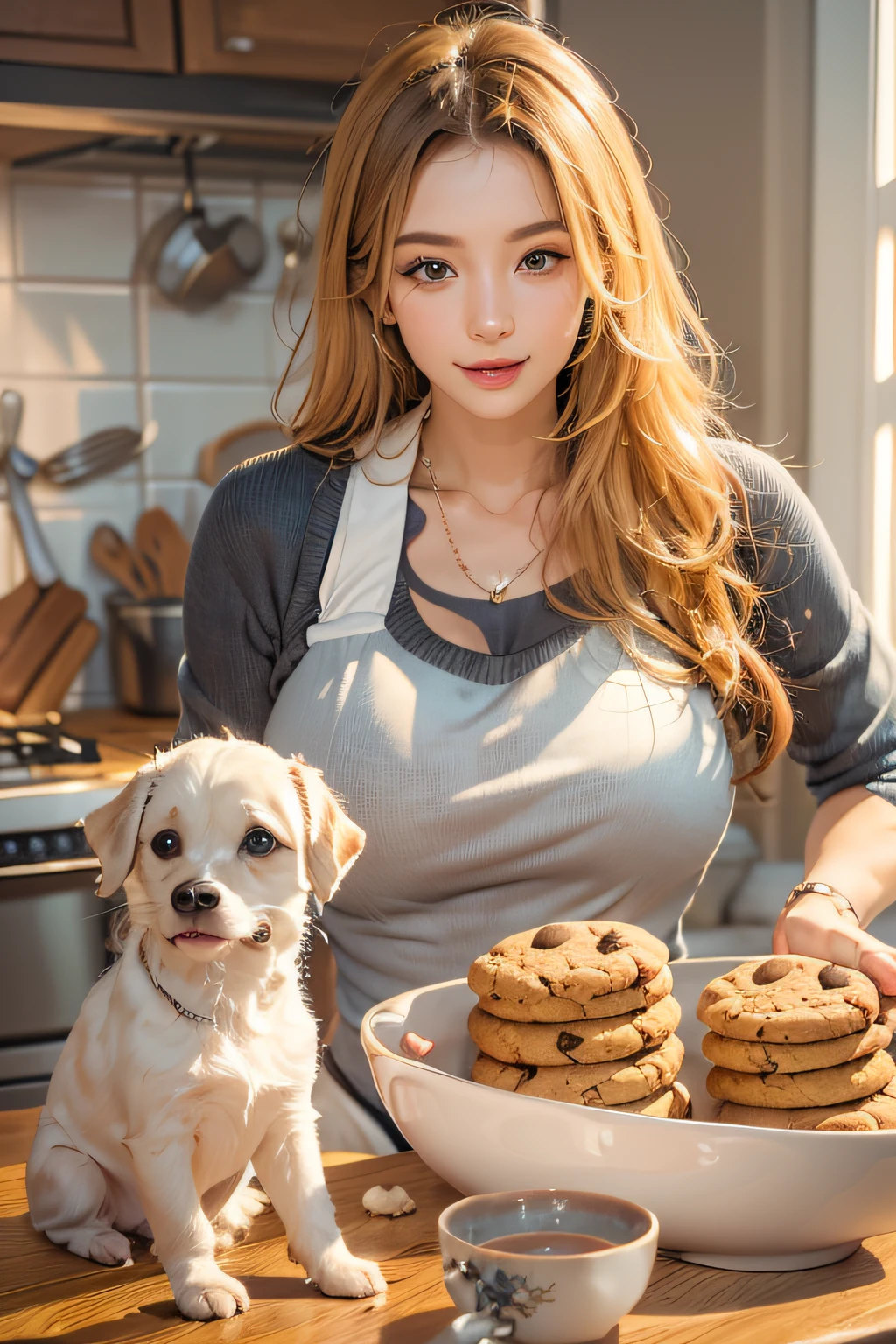 mujer, 20 años, una mqmf, Hornea galletas en una cocina soleada, Rodeado de harina, Revuelve el tazón, Las mascotas traviesas quieren ser tratadas