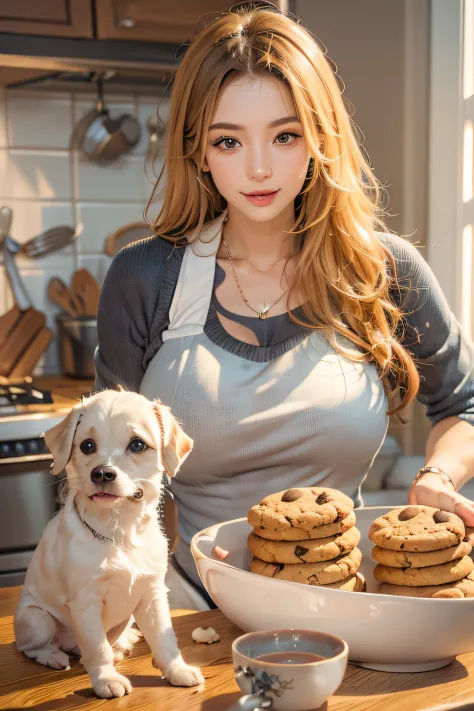 woman, Age 20, A MILF, Bake cookies in a sunny kitchen, Surrounded by flour, Stir the bowl, Naughty pets want to be treated
