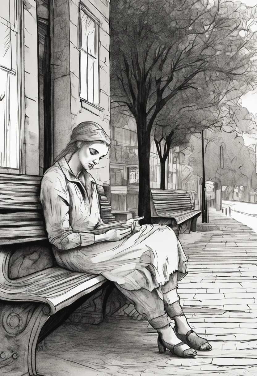 Drawing of a woman sitting on a bench reading a book - SeaArt AI