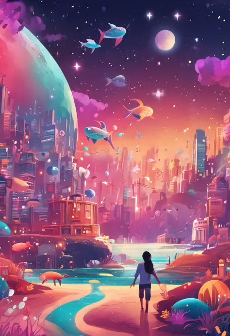 Stars shine，Colorful，Huge whales float over the city，Cute and cute，KIDS ILLUSTRATION，Glow effects，Dingdall effect，depth of fields，high light，Real light，Ray traching，oc rendered，Hyper-realistic，best qualtiy，8K，Works of masters，super-fine，Detailed pubic hair...