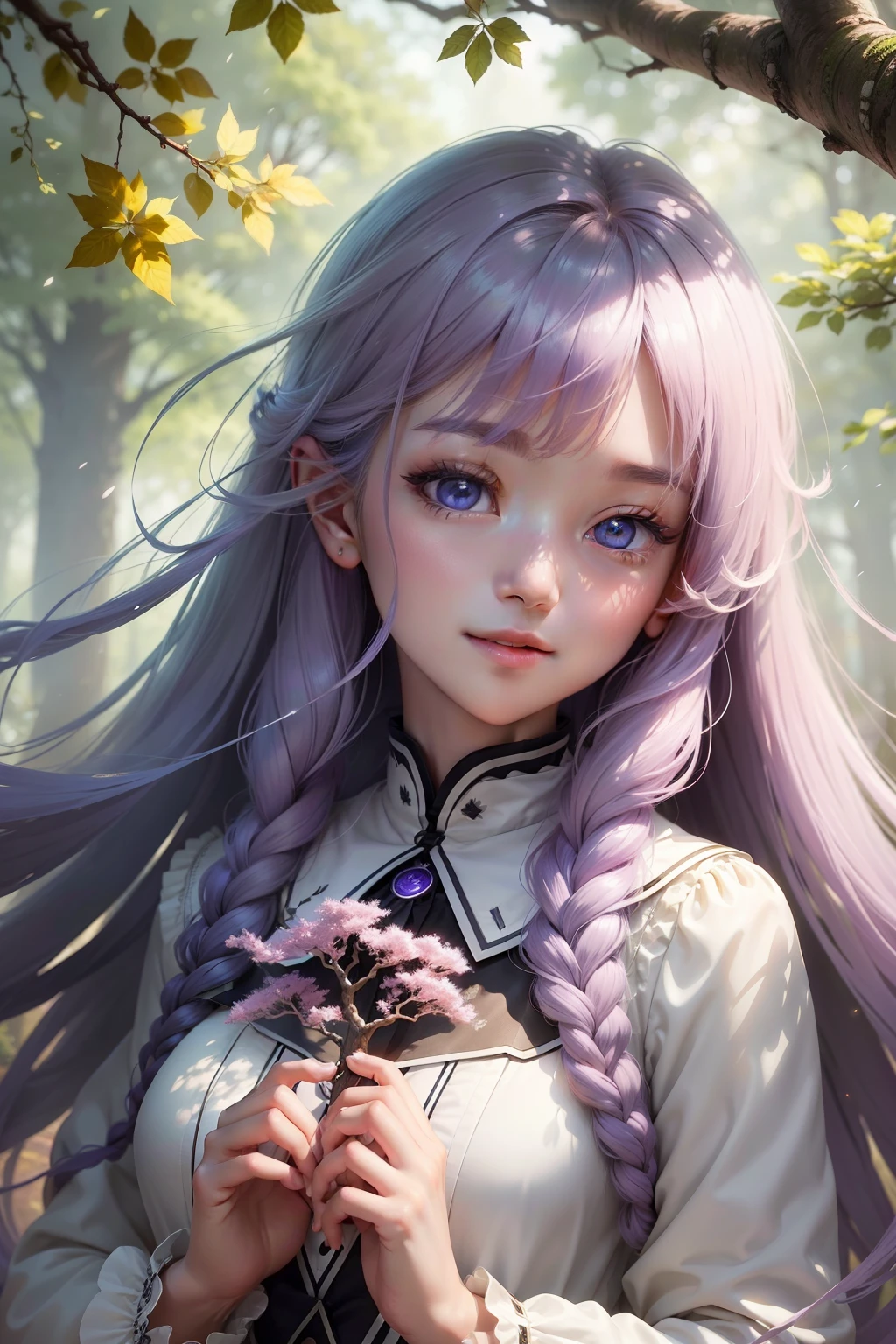 (((tmasterpiece)))、(((top-quality)))、((ultra - detailed))、(illustratio)、((Extremely Delicately Beautiful))、、Bright smile、Floating、Light purple hair、(Detailed light) (1girl in)、、solo、long whitr hair、The wind is blowing、A WORLD、（Adorable eyes）、It depicts a majestic tree，The branches are decorated with complex circuits、It has to emit something soft, Shining light。Tree roots blend in with a vibrant digital landscape、It must symbolize the harmonious coexistence of nature and digital innovation。The artwork evokes awe and wonder、It is necessary to invite the audience to think about the convergence of organic and technological fields。