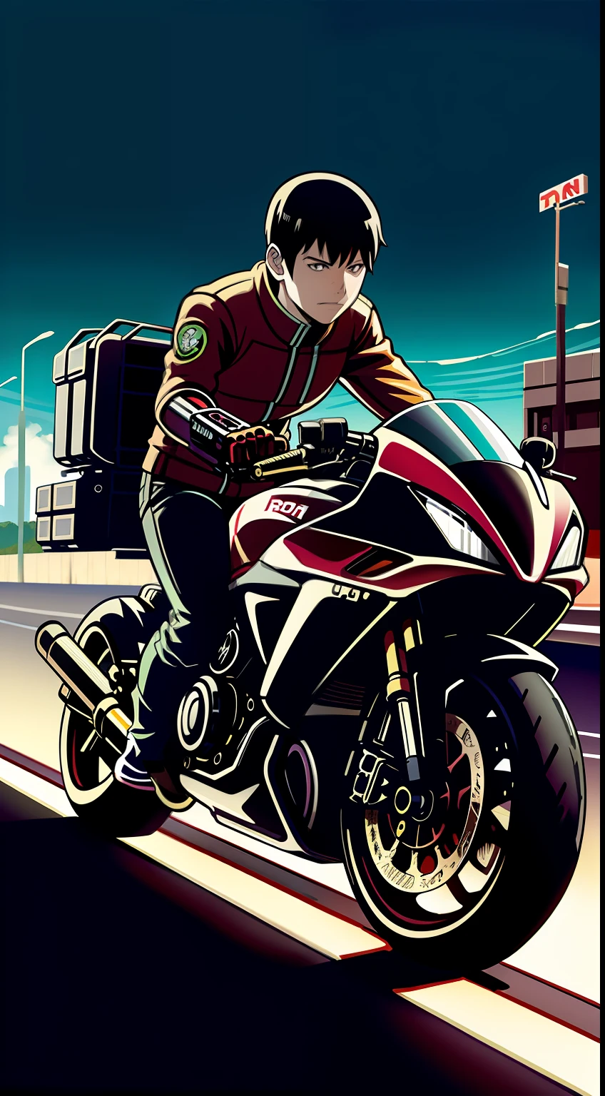 Kaneda Shōtarō Akira,, Cyberpunk, anime, motoqueiro, andando na estrada, sem plano de fundo, somente o personagem e a moto, actual proportion