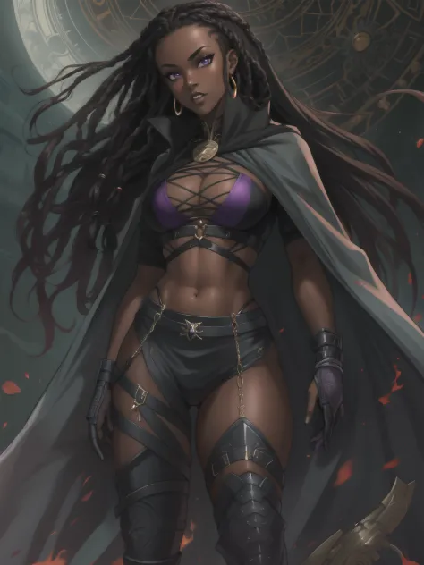 Portrait, Masterpiece, Excellent Quality, 1girl, solo, intricate details, color diffusion, close-up shot, African-American female, dark-skinned female, brown skin, slim body, thighs, long black dreadlocks, dark hair, black hair, purple eyes, sexy combat at...