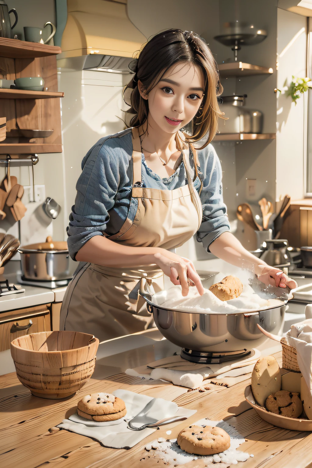 woman, Age 30, A MILF, Bake cookies in a sunny kitchen, Surrounded by flour, Stir the bowl, And mischievous pets want to be treated