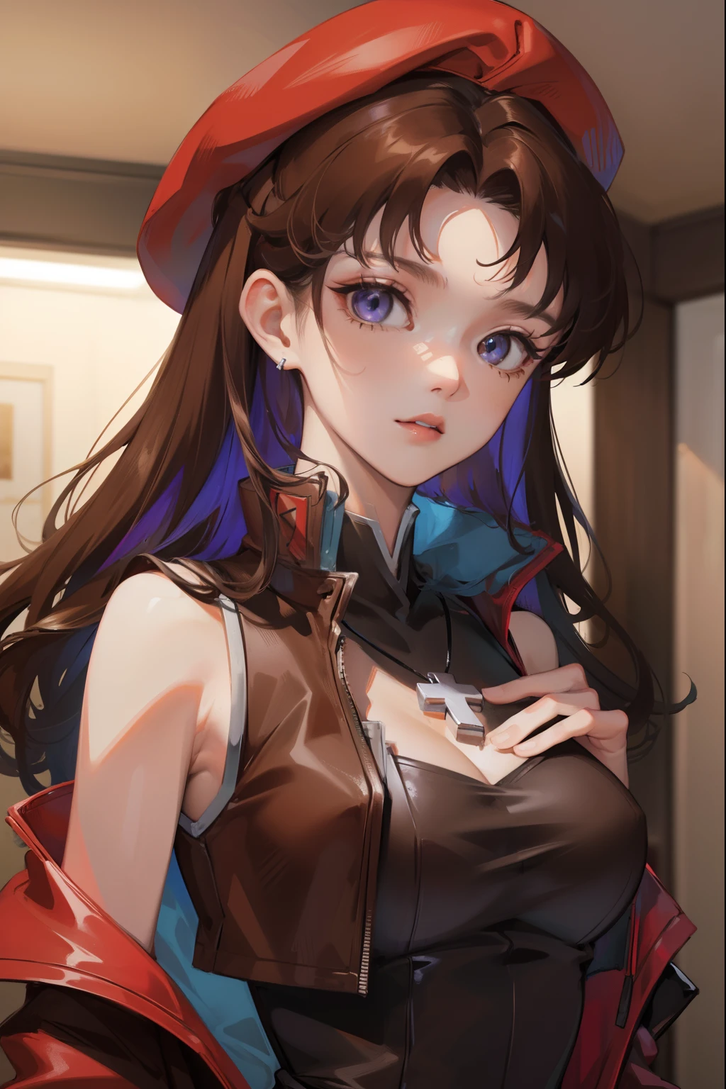 misatokatsuragi, misato katsuragi, long hair, (brown eyes:1.5), blue hair, purple hair,
BREAK hat, dress, bare shoulders, jewelry, jacket, earrings, open clothes, sleeveless, necklace, black dress, open jacket, sleeveless dress, beret, short dress, cross, red headwear, red jacket, cross necklace,
BREAK looking at viewer,
BREAK outdoors, city,
BREAK (masterpiece:1.2), best quality, high resolution, unity 8k wallpaper, (illustration:0.8), (beautiful detailed eyes:1.6), extremely detailed face, perfect lighting, extremely detailed CG, (perfect hands, perfect anatomy),