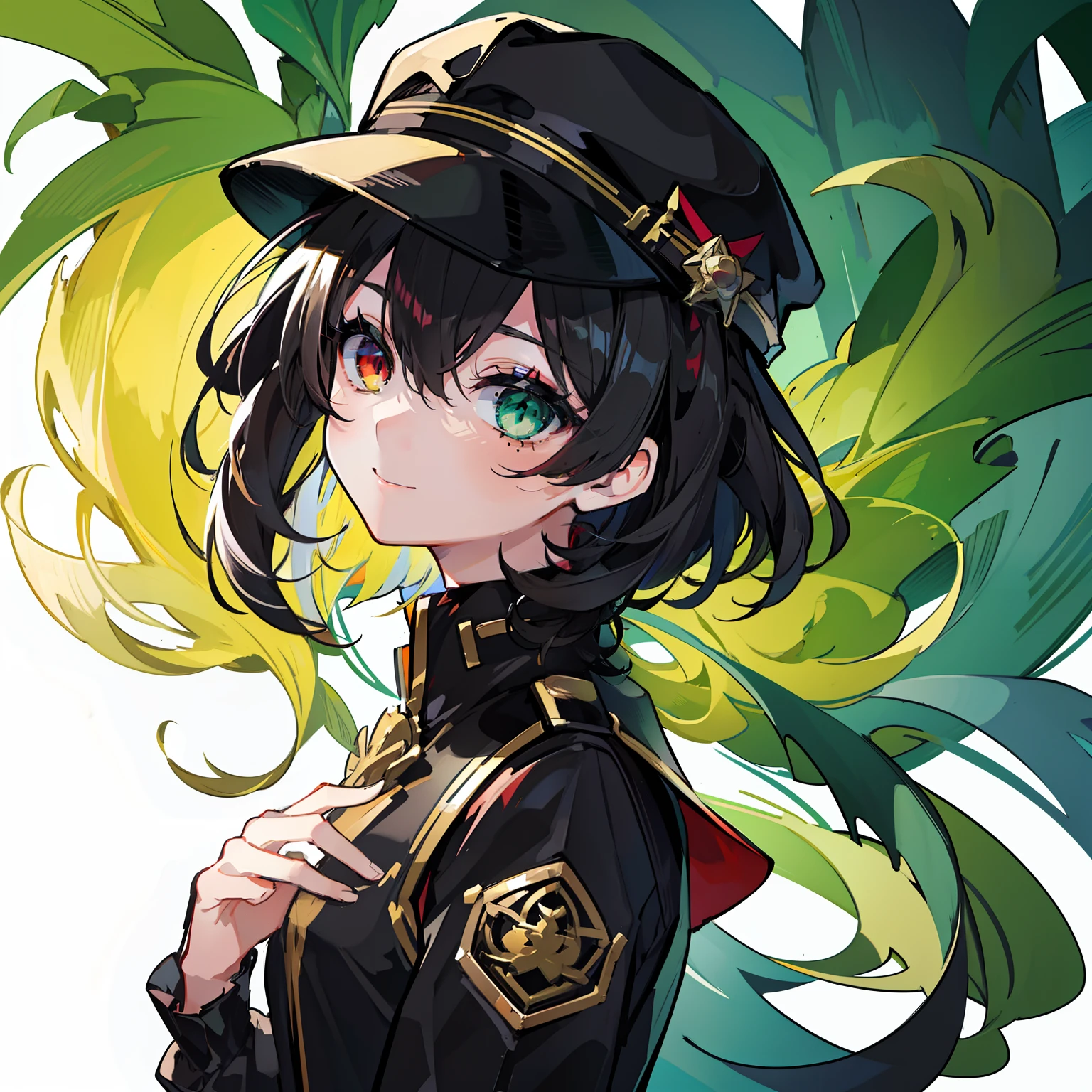 Heterochromia eyes (green left, red right), 1girl,solo , chief uniform, medium-length black hair, masterpiece, best quality, detailed eyes and hair, wearing black hat