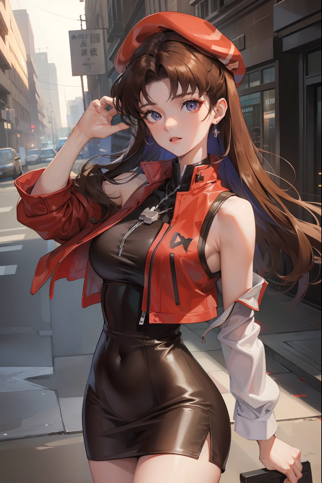 misatokatsuragi, misato katsuragi, long hair, (brown eyes:1.5), blue hair, purple hair,
BREAK hat, dress, bare shoulders, jewelry, jacket, earrings, open clothes, sleeveless, necklace, black dress, open jacket, sleeveless dress, beret, short dress, cross, red headwear, red jacket, cross necklace,
BREAK looking at viewer,
BREAK outdoors, city,
BREAK (masterpiece:1.2), best quality, high resolution, unity 8k wallpaper, (illustration:0.8), (beautiful detailed eyes:1.6), extremely detailed face, perfect lighting, extremely detailed CG, (perfect hands, perfect anatomy),