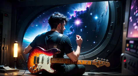 guy playing electric guitar, Galaxy, Universe, open world, sparks, fire, 8k, ultrasharp, background, wallpaper, epic, wearing black shirt, black short hairs, white guitar, sitting backside to viewer on planetoid, looking at big nebula in front of him, guit...