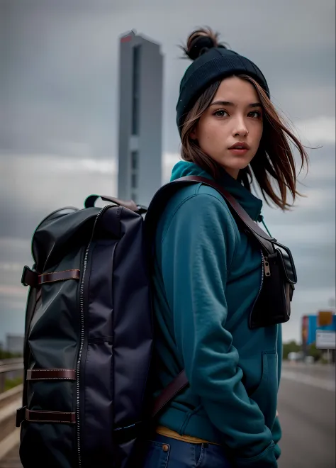 Beautiful woman with a backpack and a beanie in front of a building, com uma mochila, mochila, a mulher tem uma mochila, uma mulher usando uma mochila, uma mochila, mochila quadrada, Fotografia de uma mulher techwear, 2 mulheres techwear, saco, 🤬 🤮 💕 🎀, Tu...
