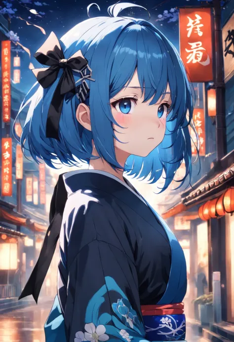 Blue hair with short hair wearing a black headband, ribbon and hairpin、Blue-eyed girl、Wearing kimono、lanthanum、lantern、