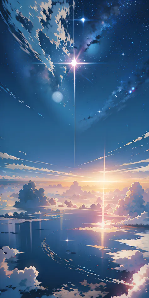 Anime setting of a sunset with a star and a person standing on a boat, cosmic skies. por Makoto Shinkai, Makoto Shinkai Cirilo R...