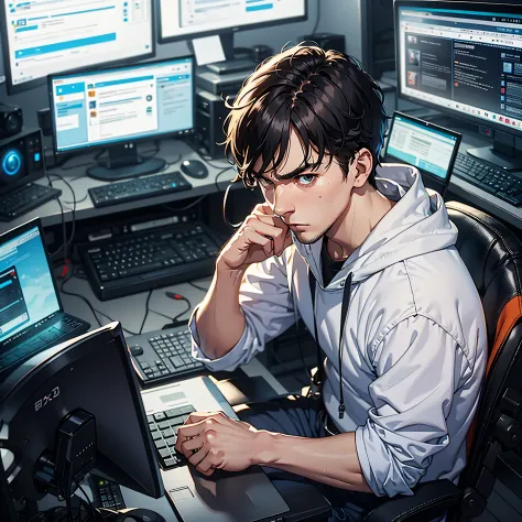 An 27-years-old man sits in front of a computer, angry, hacker, computers.