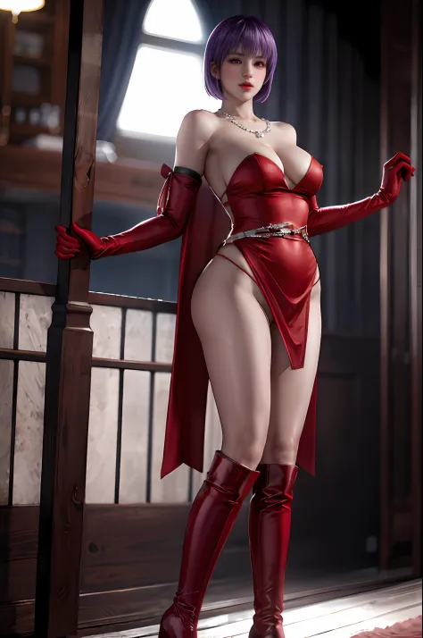 Ultra realistic 8K CG, flawless, ​masterpiece, 独奏, 1girl in, Ayane, Rich, Gorgeous Dresses, a necklace, 耳Nipple Ring,Red long boots with pin heel、Standing Pose