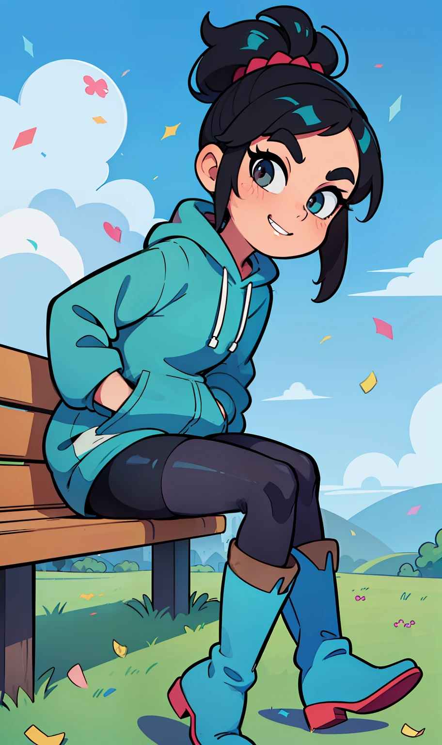 A cartoon girl sitting on a bench in a park - SeaArt AI