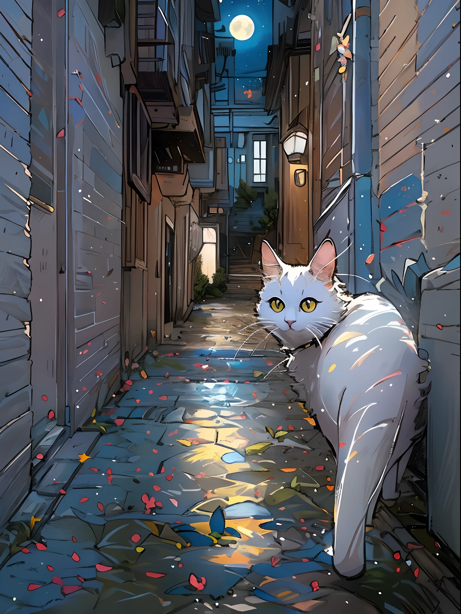 white cat（（iridescent））, cute little, big eye, ​masterpiece, fullmoon, alleyway