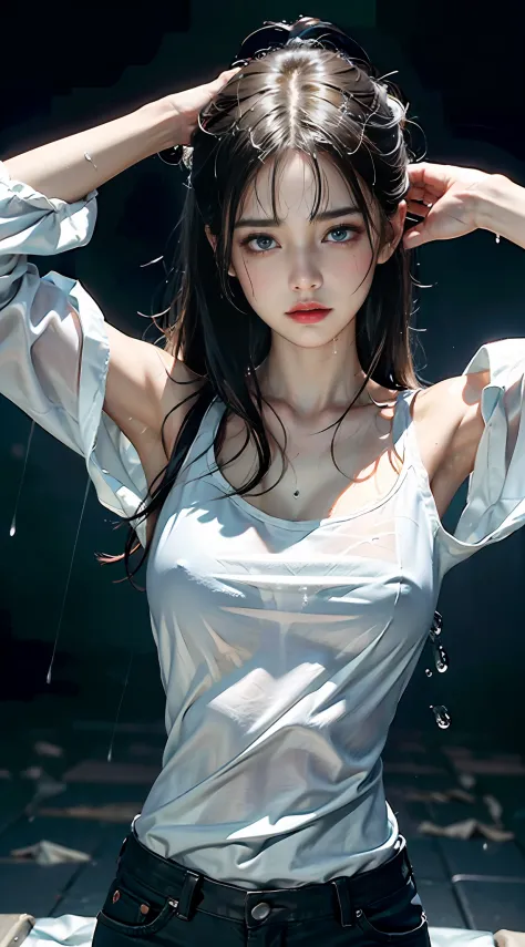 best quality, masterpiece, ultra resolution, (fidelity:1.4), photos, 1 pure girl, [(sad)], white shirt, dim, darkness, despair, pity, pity, movie, tears, teardrops, (torn clothes: 1.5), (wet clothes: 1.4), bare shoulders, real rain, wet hair,..