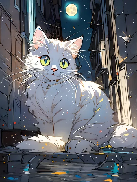 white cat（（iridescent））, cute little, big eye, ​masterpiece, fullmoon, alleyway
