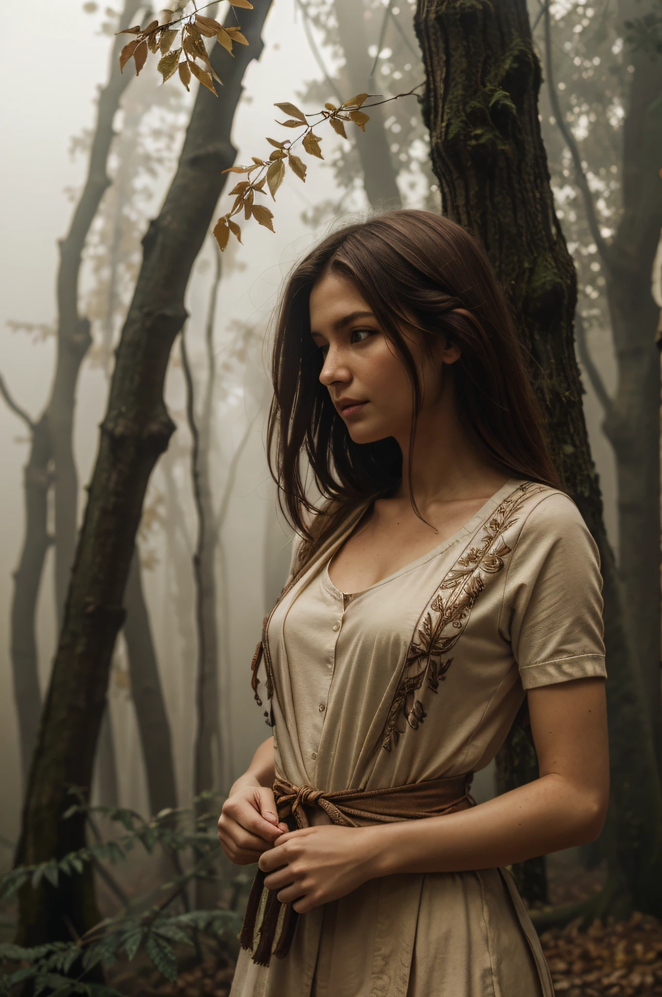woman made of wood. Her arms like branches full of leaves. The fog envelops the woman. Soft light and very high resolution. Numerous intricate details.