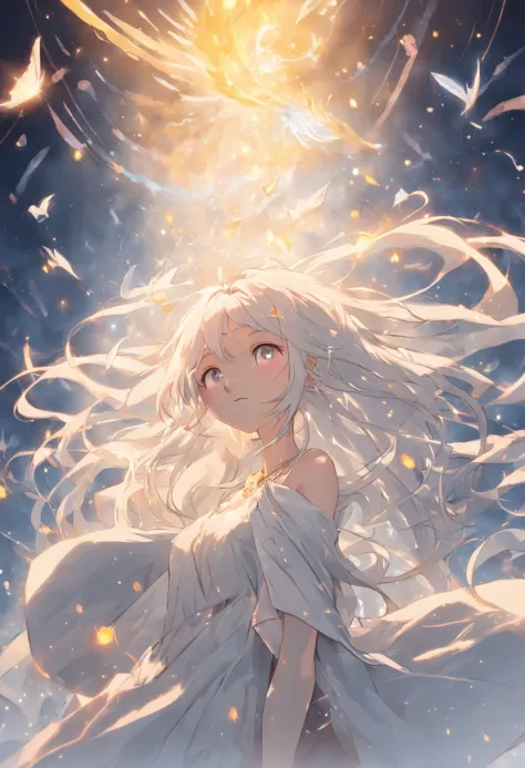 masterpiece, best quality, movie still, 1girl, cloud girl, long and waved white hair, large yellow crystal eyes, wearing white casual attire, floating in the sky, bright, full body, happy, warm soft lighting, twilight, (sparks:0.7)