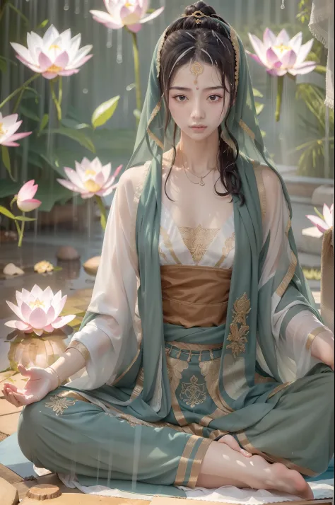 Sweat-soaked Zen beauty doing yoga lotus sitting meditation in a rain of ，（Complete, delicate and good-looking face）