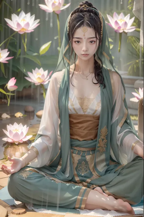 sweat-soaked zen beauty doing yoga lotus sitting meditation in a rain of ，（complete, delicate and good-looking face）