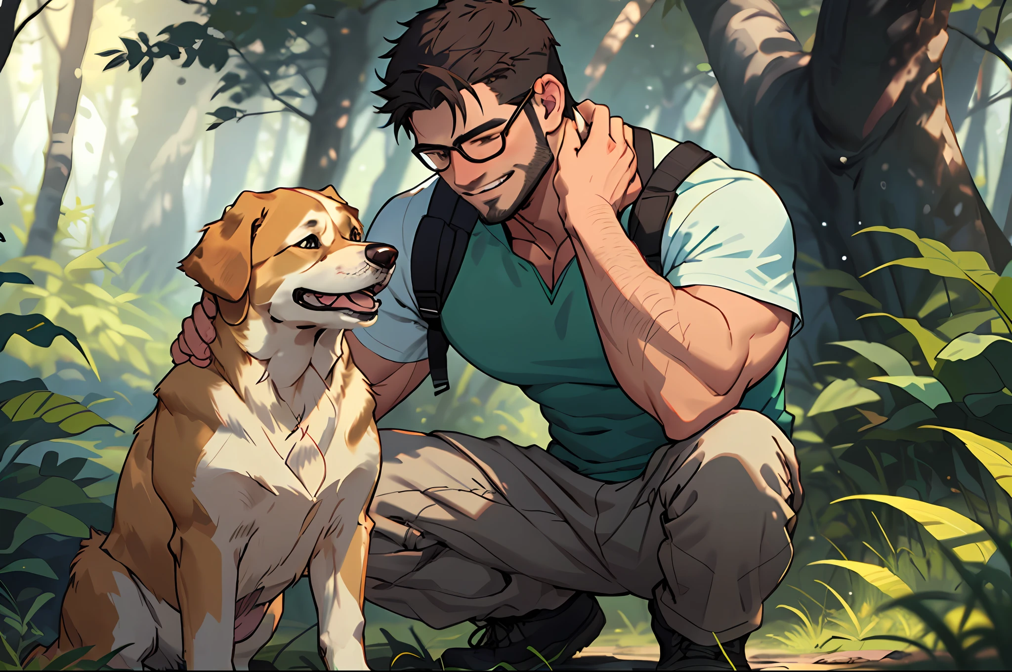 ein Mann mit Bart und einem Golden Retriever Hund, der Mann mit der Brille, grüne Tanktops, im Wald, Der Mann kniet nieder und reibt den Kopf des Hundes, die gut detaillierte, Gesichtsfokus, glückliches Lächeln, glücklicher Hund, herzerwärmend