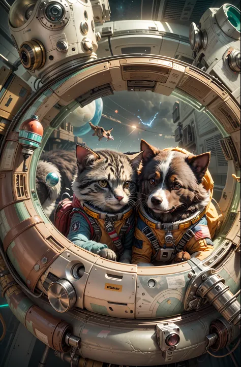 a dog and a cat in space suit,Detailed,Realistic,4k highly detailed digital art,octane render, bioluminescent, BREAK 8K resoluti...