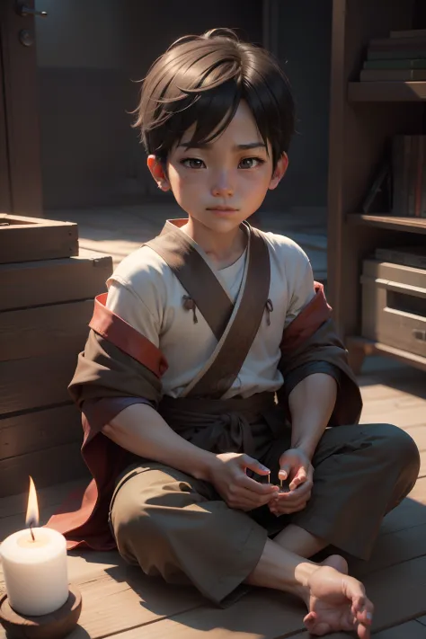 Asian boys，ssmile，ember，The child sits on the ground，There is a candle in front of him, Cute digital painting, childrens art in artstation, wojtek fus, Ross Tran 8 K, Personagem pequeno. Unreal Engine 5, Rosla global lighting, 3 D rendering character art 8...